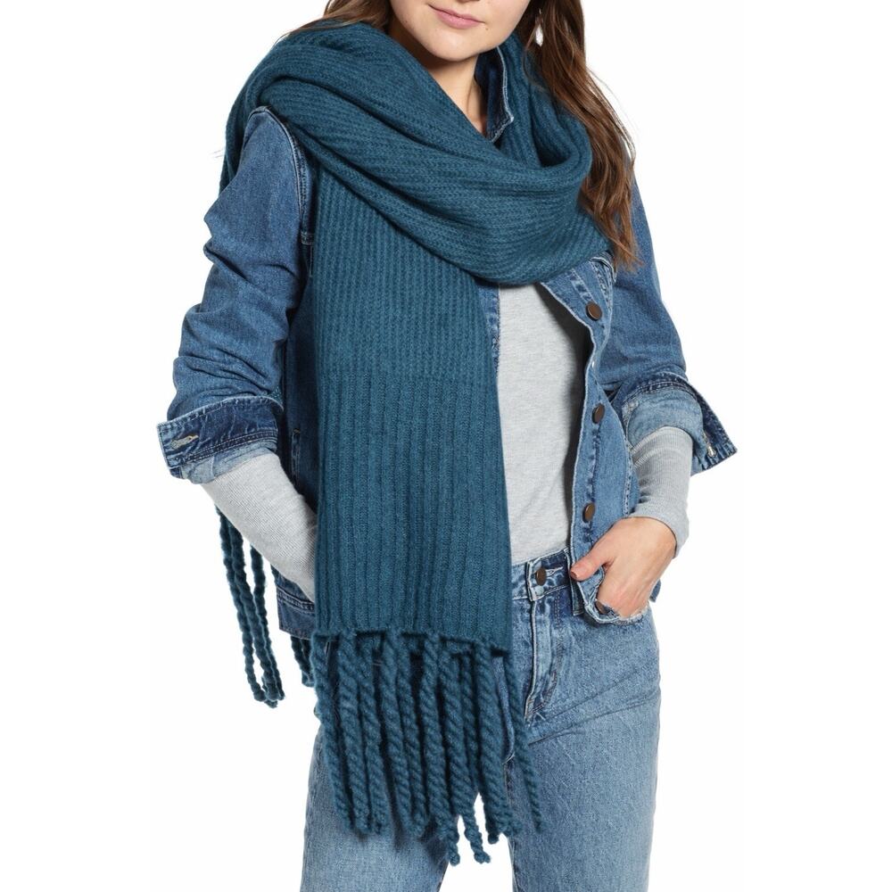 Free People Boho Oversized Knitted Scarf Braided Fringe Blue Green
